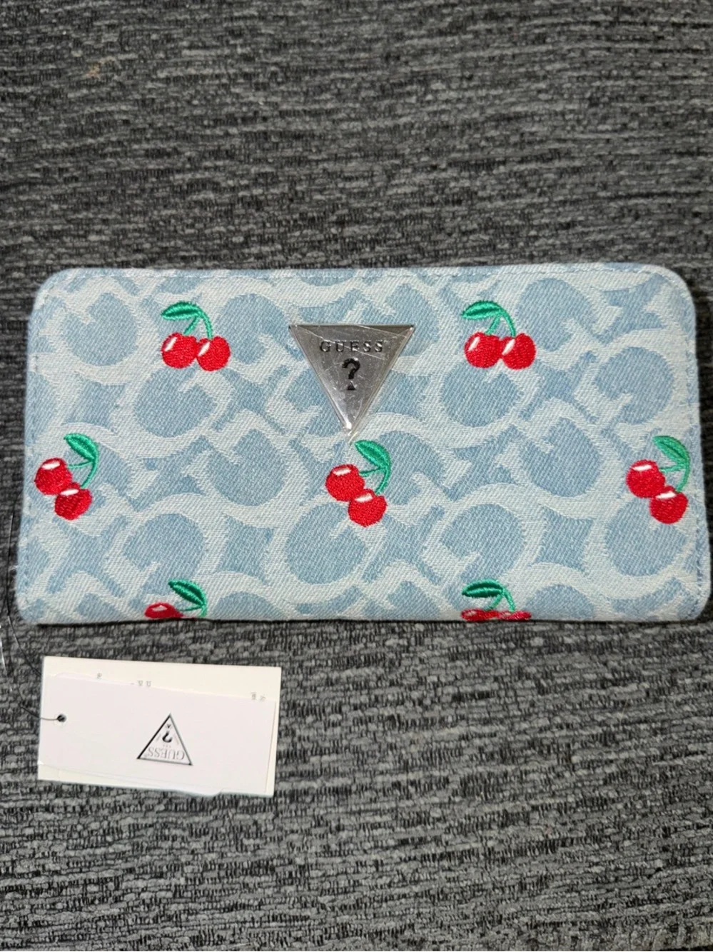 Guess Light Blue Denim Cherry Print Zip Wallet